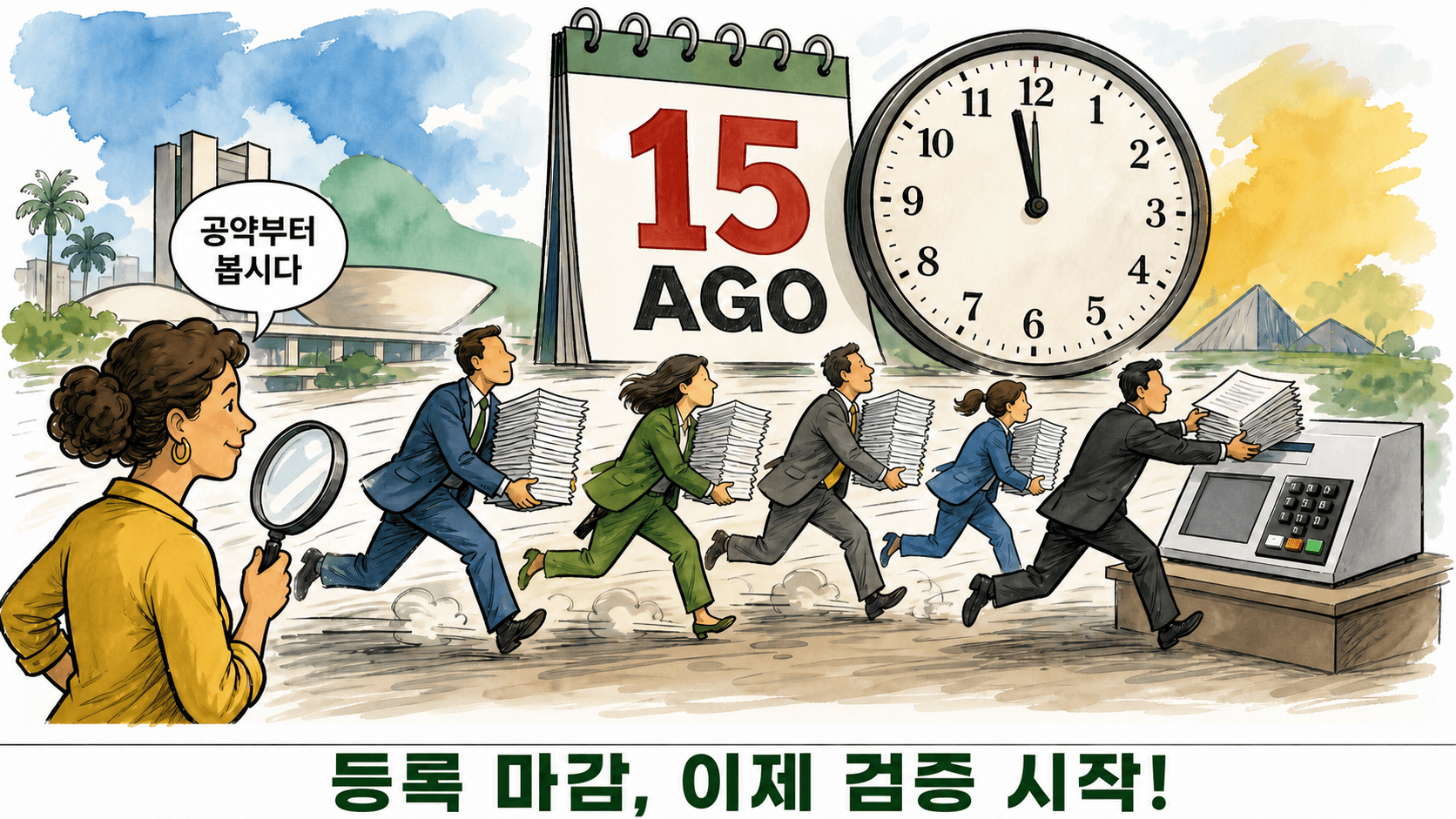 8월 15일 후보 등록 마감과 유권자의 공약 검증을 표현한 시사만평